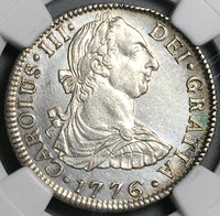 1776 NGC UNC Mexico 2 Reales Charles III Spain Colonial Revolution Silver Coin (24101702C)