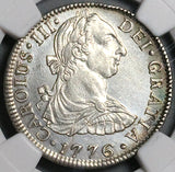 1776 NGC UNC Mexico 2 Reales Charles III Spain Colonial Revolution Silver Coin (24101702C)