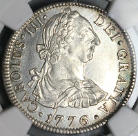 1776 NGC UNC Mexico 2 Reales Charles III Spain Colonial Revolution Silver Coin (24101702C)