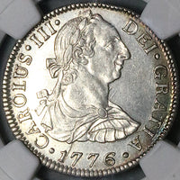 1776 NGC UNC Mexico 2 Reales Charles III Spain Colonial Revolution Silver Coin (24101702C)