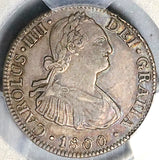 1800 PCGS AU 53 Mexico 2 Reales Charles IV Pillars Spain Colonial Silver Coin (25050501C)