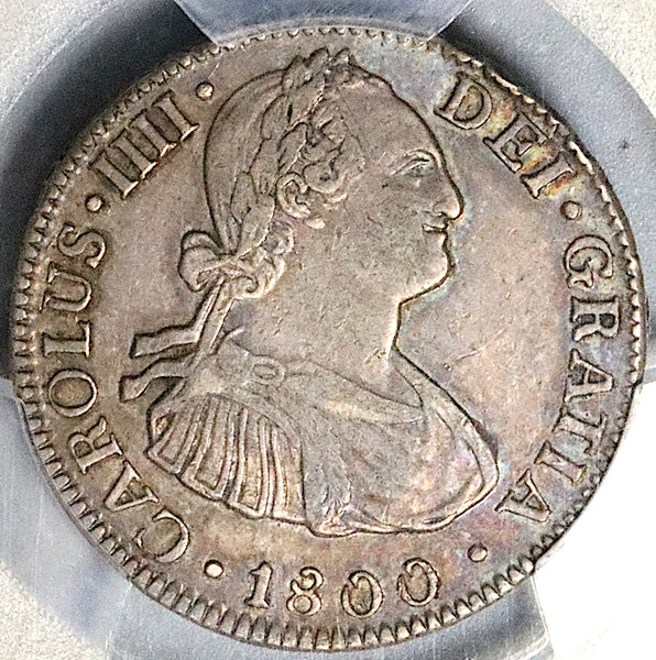 1800 PCGS AU 53 Mexico 2 Reales Charles IV Pillars Spain Colonial Silver Coin (25050501C)