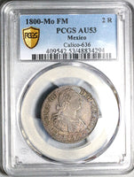 1800 PCGS AU 53 Mexico 2 Reales Charles IV Pillars Spain Colonial Silver Coin (25050501C)