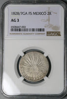 1828/7-Ga NGC AG 3 Mexico 2 Reales Guadalajara Mint Rare Silver Coin POP 1/0 (23061801C)