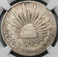 1829-Zs AO NGC VF 20 Mexico 2 Reales Zacatecas Mint Coin POP 2/1 (24020601C)