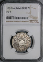 1842/32-Ga JG/MC NGC F 12 Mexico 2 Reales Guadalajara Rare Overdate Over Assayer Coin POP 1/0 (24070801C)