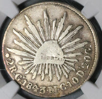 1843-Ga MC/JG NGC Fine Mexico 2 Reales Guadalajara Cap Rays Silver Coin (24022201C)