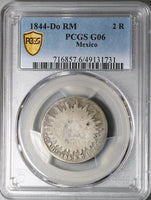1844-Do PCGS G 6 Mexico 2 Reales Durango RARE Cap Rays Coin POP 1/0 (24090801C)