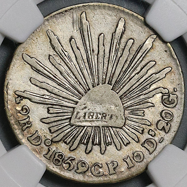 1859/8-Do NGC Fine Mexico 2 Reales Cap Rays Durango Mint Rare Silver Coin (24012501C)