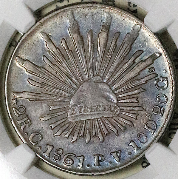 1861-C NGC AU 55 Mexico 2 Reales Culiacan Cap Rays Silver Coin POP 1/3 (23080602C)