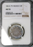 1861-C NGC AU 55 Mexico 2 Reales Culiacan Cap Rays Silver Coin POP 1/3 (23080602C)
