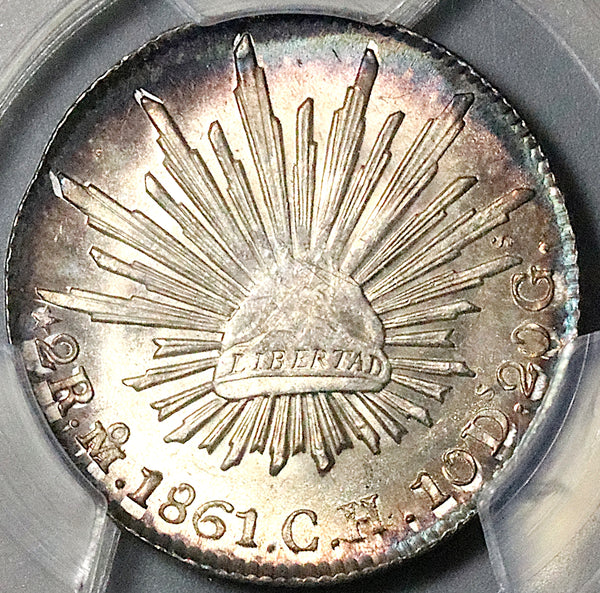 1861-Mo PCGS MS 64 Mexico City 2 Reales Silver Cap Rays Silver Coin (23121701D)