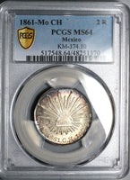 1861-Mo PCGS MS 64 Mexico City 2 Reales Silver Cap Rays Silver Coin (23121701D)