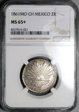 1861-Mo NGC MS 65+ Mexico 2 Reales Gem Near PL Cap Rays Silver Coin (25111001C)