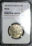 1861-Mo NGC MS 66 Mexico 2 Reales Gem Near PL Cap Rays Silver Coin (25110202C)
