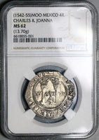 1542-Mo NGC MS 62 Mexico 4 Reales Carlos Joanna Spain Colonial Coin (24041804C)