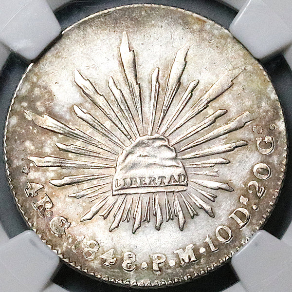 1848/7-Go NGC AU 55 Mexico 4 Reales Guanajuato Mint Overdate Silver Coin (25081402D)