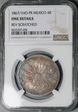 1867-Ho NGC Fine Mexico 4 Reales Rare Hermosillo Mint Silver Coin (25061401C)