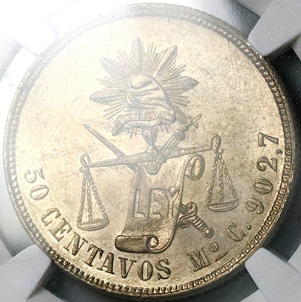 1869-Mo NGC MS 62 Mexico 50 Centavos Balance Scale Silver 46k Coin POP 4/3 (24043001C)