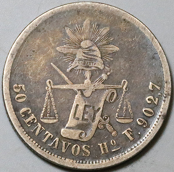 1877-Ho Mexico 50 Centavos Hermosillo Mint Key Date Silver Coin (25050202R)