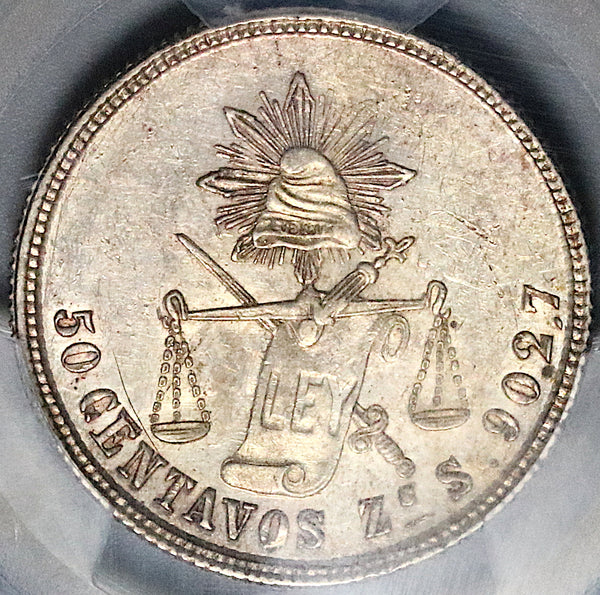 1877-Zs PCGS AU 58 Mexico 50 Centavos Zacatecas Mint Silver Coin POP 1/3 (24022001C)