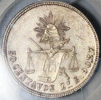 1877-Zs PCGS AU 58 Mexico 50 Centavos Zacatecas Mint Silver Coin POP 1/3 (24022001C)