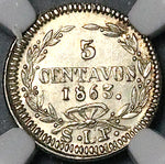 1863-SLP NGC MS 61 Mexico 5 Centavos San Luis Potosi Rare Silver Coin (23082302D)