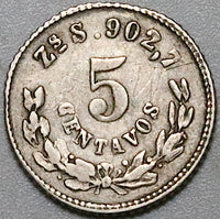 1876-Zs Mexico 5 Centavos Zacatecas Mint VF Rare Silver Coin (25082901R)