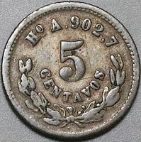 1880-Ho Mexico 5 Centavos Hermosillo VF Rare 43K Minted Mint Error Silver Coin  (25061701R)