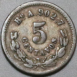1880-Ho Mexico 5 Centavos Hermosillo VF Rare 43K Minted Mint Error Silver Coin  (25061701R)