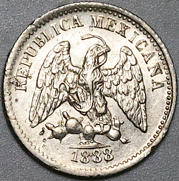1888-Ca Mexico 5 Centavos AU Chihuahua Mint Scarce Silver Coin (25061702R)