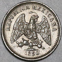 1890-Cn Mexico 5 Centavos AU Culiacan Mint Scarce Silver Coin (25061704R)