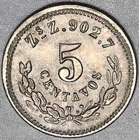 1891-Zs Mexico 5 Centavos UNC Zacatecas Mint Silver Coin (25100301R)
