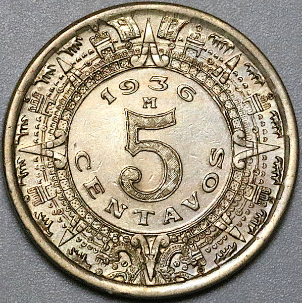 1936-M Mexico 5 Centavos Choice UNC Aztec Sun Stone Coin (23062503R)