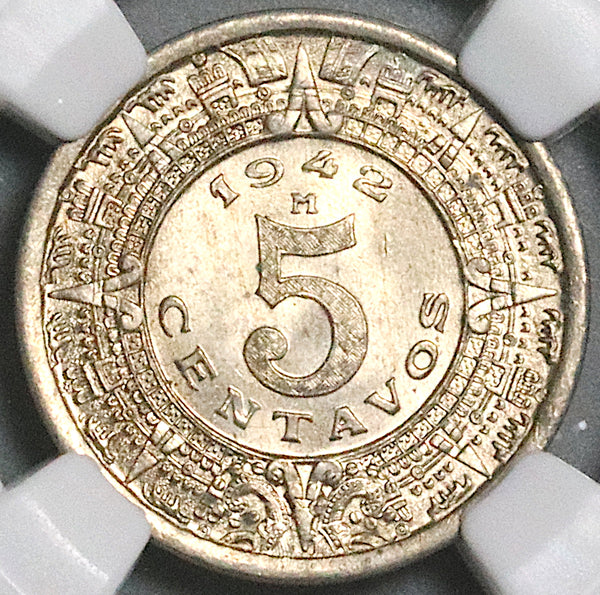 1942 NGC MS 65 Mexico 5 Centavos Aztec Sun Stone Copper Nickel Coin (25112203C)