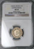 1942 NGC MS 65 Mexico 5 Centavos Aztec Sun Stone Copper Nickel Coin (25112203C)