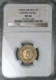 1942 NGC MS 66 Mexico 5 Centavos Aztec Sun Stone Copper Nickel Coin (25112204C)