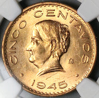 1945 NGC MS 64 RD Mexico 5 Centavos Josefa Bronze RED Coin (25061902C)