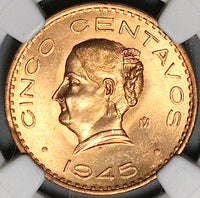 1945 NGC MS 64 RD Mexico 5 Centavos Josefa Bronze Red Coin (23082402C)