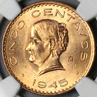 1945 NGC MS 65 RD Mexico 5 Centavos Josefa Bronze Red Coin (23082902C)