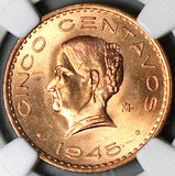 1945 NGC MS 66 RD Mexico 5 Centavos Josefa Bronze RED Coin POP 3/0 (25061903C)