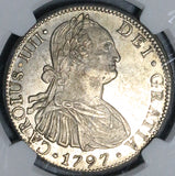 1797 NGC MS 61 Mexico 8 Reales Charles IV Pillars Spain Colonial PQ Silver Coin (26072901C)