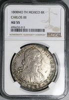 1808 NGC AU 55 Mexico 8 Reales Charles IV Pillars Silver Coin (24102302C)