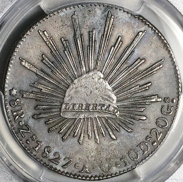 1827-Zs PCGS AU Mexico 8 Reales Zacatecas Rare Cap Rays Silver Coin  (25102902C)