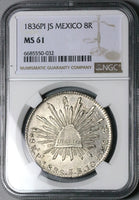 1836-Pi NGC MS 61 Mexico Silver 8 Reales Potosi Mint Scarce 8Rs Coin (24032501C)