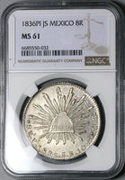 1836-Pi NGC MS 61 Mexico Silver 8 Reales Potosi Mint Scarce Coin (24032501C)