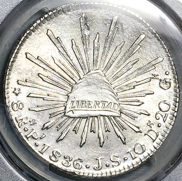 1836-Pi PCGS UNC Mexico 8 Reales Potosi Mint Scarce 8Rs Silver Coin (25032702C)