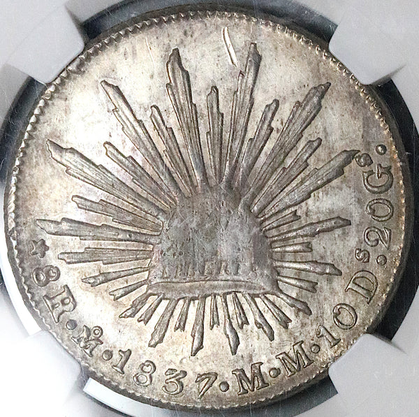 1837/6-Mo NGC AU Mexico 8 Reales Cap Rays Rare Overdate Silver Coin (24052501C)