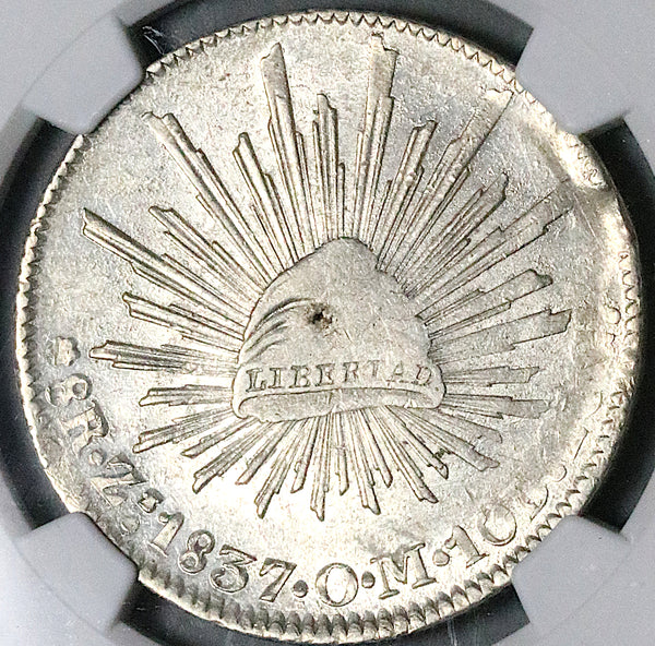 1837-Zs NGC AU 58 Mexico 8 Reales Zacatecas Scarce Cap Rays Silver Coin (25101901D)