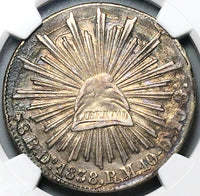 1838-Do NGC AU 53 Mexico 8 Reales Durango Mint Cap Rays Scarce Silver Coin (23091102C)